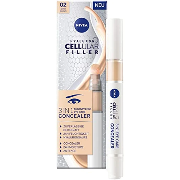 NIVEA Hyaluron Cellular Filler 3IN1 Augenpflege Concealer Mittel (4 ml), Anti-Age Concealer mit Hyaluron, Abdeckstift für Augenringe, Rötungen und Pickel – Bild 1