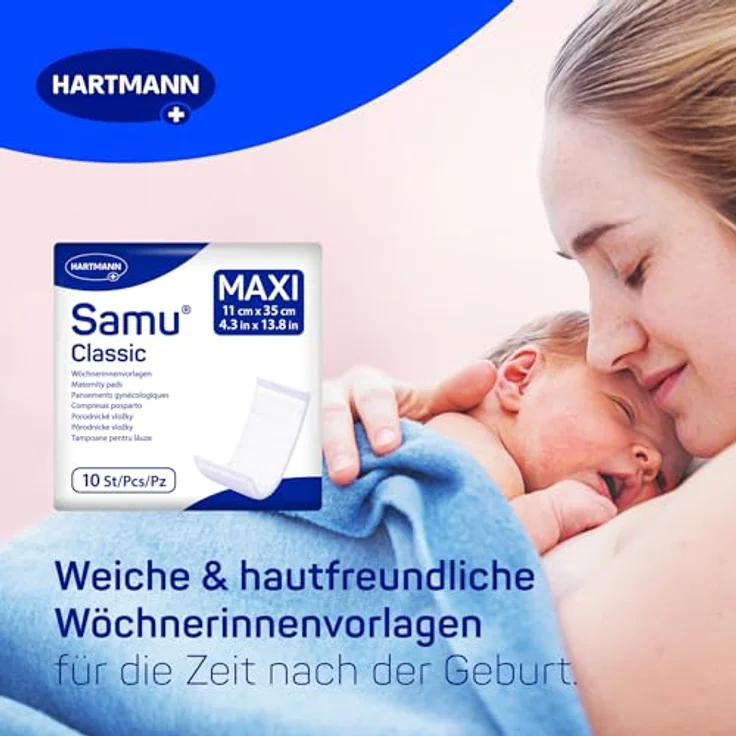 Samu Classic Maxi Wöchnerinnen-Vorlagen, 10 Stck. hochabsorbierende Wochenbettbinden mit hautfreundlicher Textiloberfläche – Bild 2