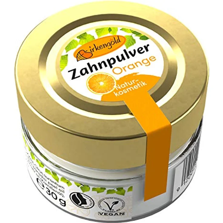 Birkengold Zahnpulver Orange 30 g Glas, 1 Stück, plastikfrei, im Glastiegel verpackt, 100% natürliche Zutaten, keine Schaumbildner und Konservierungsstoffe, Naturkosmetik zertifiziert, vegan – Bild 1