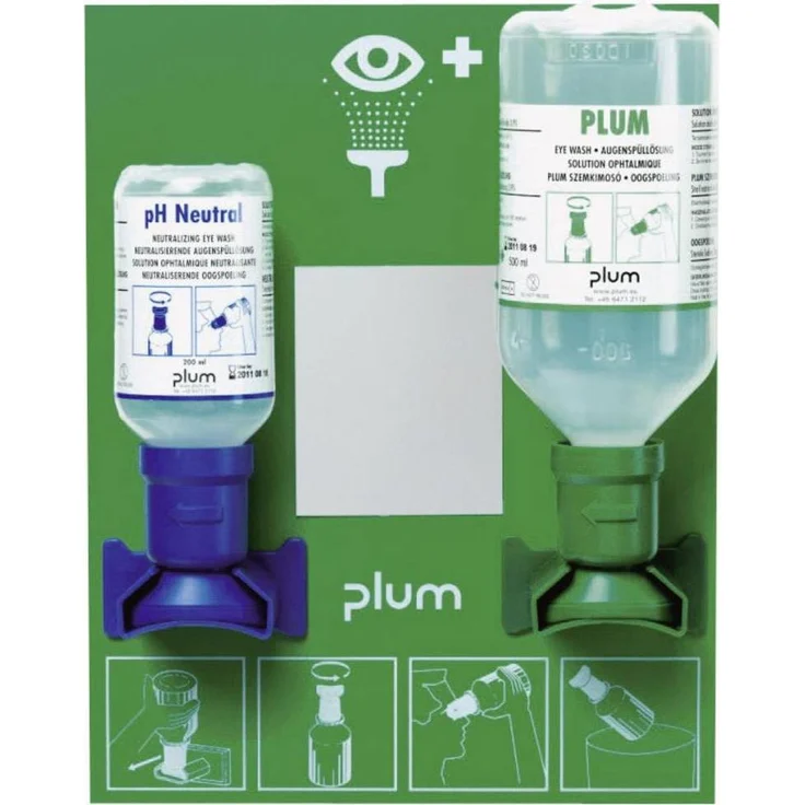 Plum BR 318 045 Augen-Notfallstation, Wandstation mit 200 ml Phosphatpufferlösung und 500 ml Natriumchloridlösung, wartungsfrei, inklusive Augen-Notfallplan