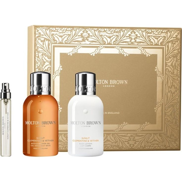 Molton Brown Sunlit Clementine & Vetiver Reise-Geschenkset, Duftset mit Eau de Parfum 7,5 ml, Bade- und Duschgel 100 ml, Körperlotion 100 ml