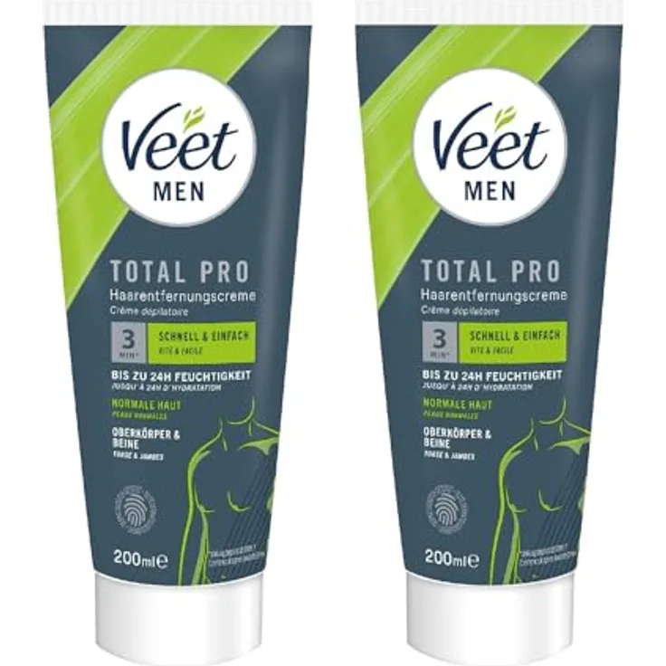 Veet Men Haarentfernungscreme für Oberkörper & Beine, Enthaarungscreme für schnelle Haarentfernung in 5-10 Minuten, 2x200 ml Tube & Spatel