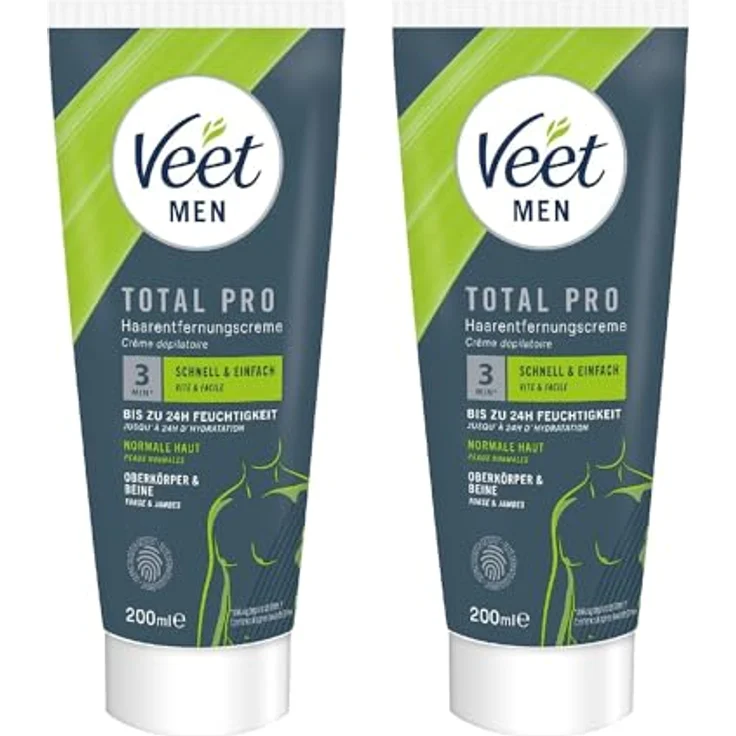 Veet Men Haarentfernungscreme für Oberkörper & Beine, Enthaarungscreme für schnelle Haarentfernung in 5-10 Minuten, 2x200 ml Tube & Spatel – Bild 1