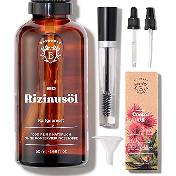 Bionoble Rizinusöl Bio 50ml - 100% Rein, Natürlich und Kaltgepresst - Wimpern, Augenbrauen, Haare, Bart, Nägel - Vegan und Cruelty Free -Castor Oil - Glasflasche + Pipette + Pumpe + Mascara Kit