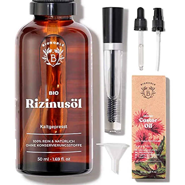 Bionoble Rizinusöl Bio 50ml - 100% Rein, Natürlich und Kaltgepresst - Wimpern, Augenbrauen, Haare, Bart, Nägel - Vegan und Cruelty Free -Castor Oil - Glasflasche + Pipette + Pumpe + Mascara Kit – Bild 1