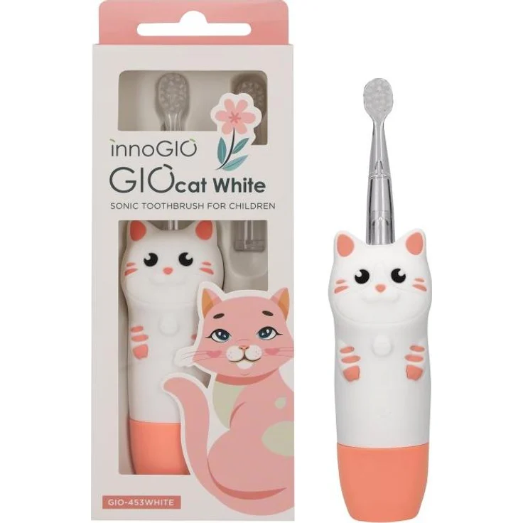 innoGIO GIOcat, Elektrische Schallzahnbürste für Kinder, weiße Ausführung mit sanfter Reinigung und lustigem Design
