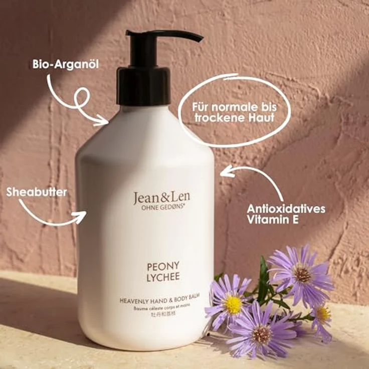 Jean & Len Heavenly Hand- & Body Balm Peony & Lychee, Pflegebalsam mit Bio-Arganöl und Sheabutter, vegan, 500 ml, ohne Parabene & Silikone – Bild 3