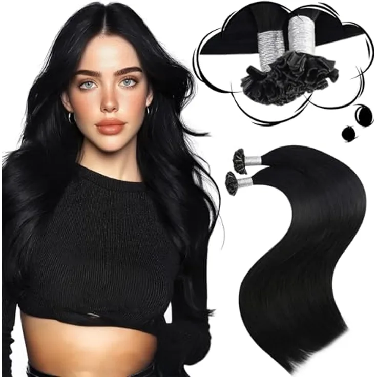 Moresoo U Tip Echthaar Extensions, Pre Bonded Bondings Schwarz, 50 Stück, Hot Fusion Keratin, 50g, 50 cm