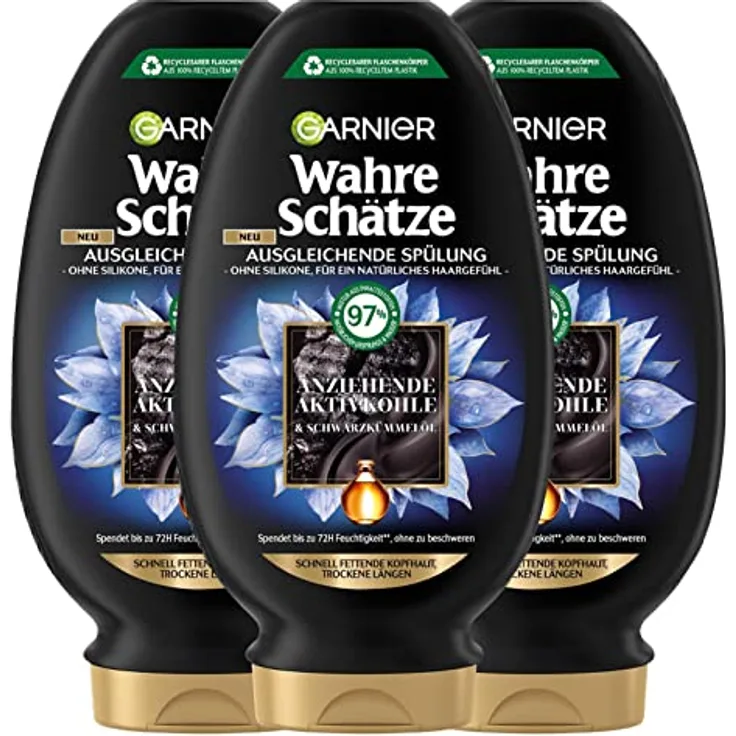 Garnier Wahre Schätze Ausgleichende Spülung, Formel mit Aktivkohle und Schwarzkümmelöl, für schnell fettende Kopfhaut und trockene Haarlängen, 3 x 200 ml