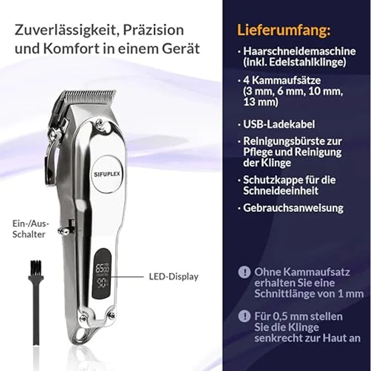 SIFUPLEX Fusionblade Profi Haarschneidemaschine, kabelloser Haartrimmer mit Edelstahlklinge, LED-Display, 3 Std Akku, 4 Aufsätzen für präzise Schnitte – Bild 2