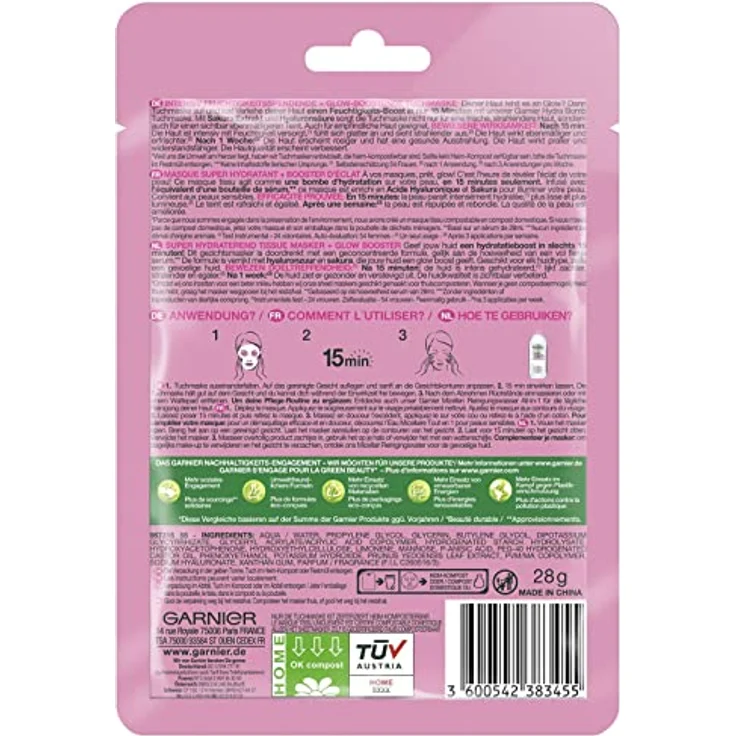 Garnier Tuchmaske, Gesichtsmaske für fahle Haut, Glow-boostend und feuchtigkeitsspendend, Mit Hyaluronsäure und Sakura, Hydra Bomb, 28 g – Bild 2