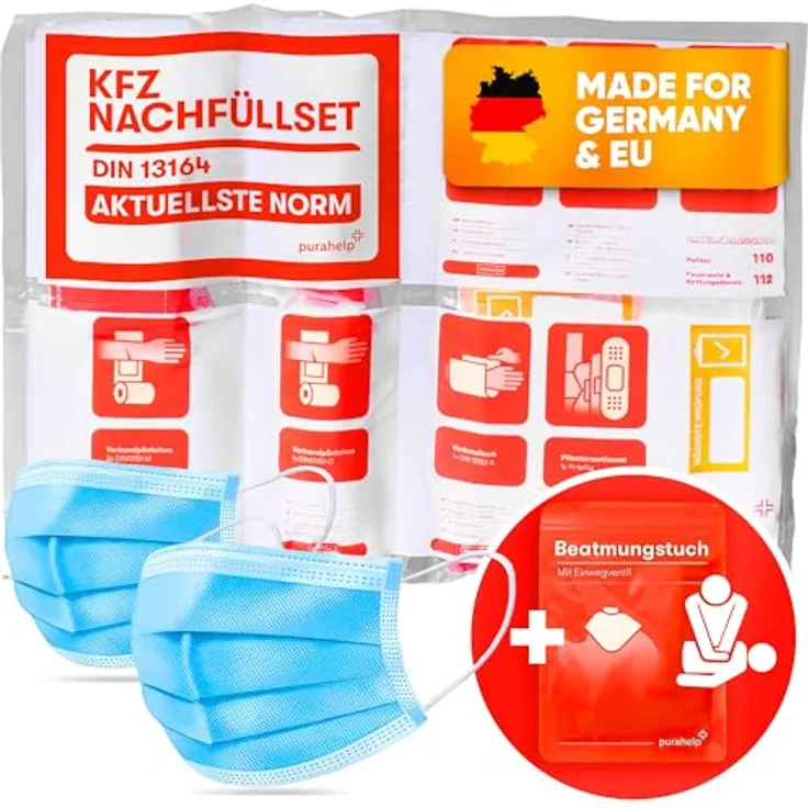 PURAHELP KFZ Nachfüllset DIN 13164 nach aktueller Norm 2025 (StVO konform) - Inkl. Beatmungstuch - Erste Hilfe Set Auto Verbandskasten Auto 2025