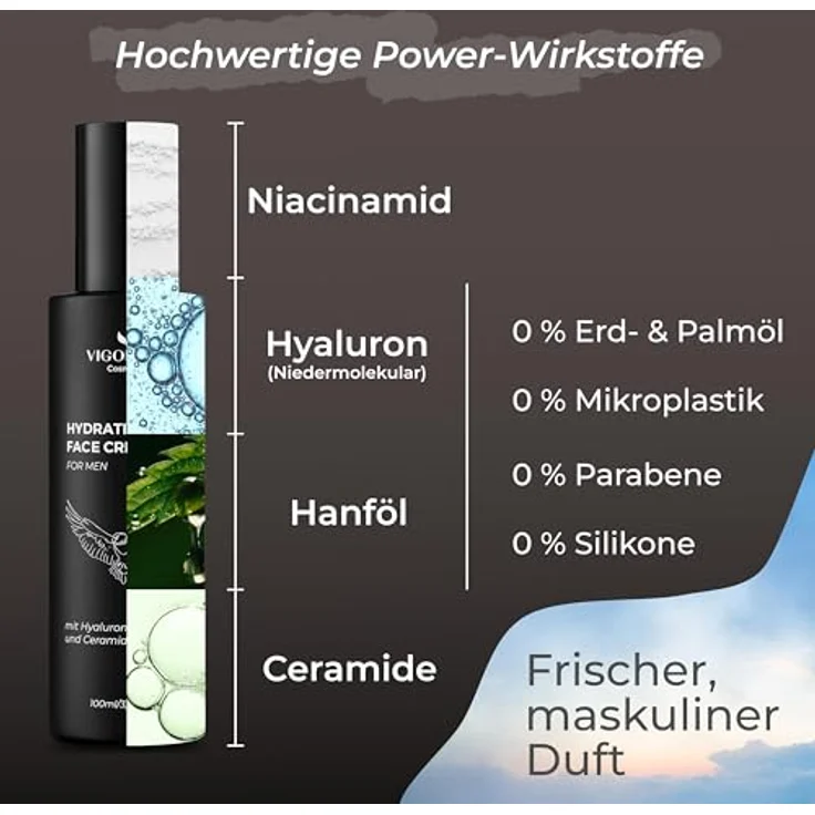 VIGOROUS® Gesichtscreme Männer 100 ml, Feuchtigkeitscreme als Tages- und Nachtcreme, Anti Aging Pflege mit Hanföl und Hyaluron, vegan, Made in Germany – Bild 5
