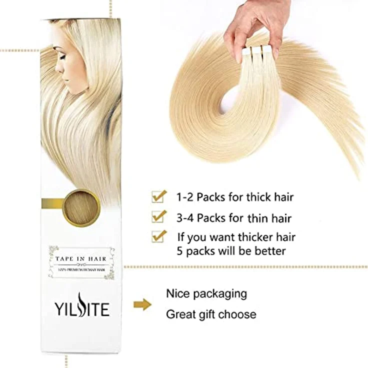 YILITE Tape Extensions Echthaar, Bleichblond #613, 50cm, 20 Stück Packung, seidig, einfach zu installieren, 100% Remy Echthaar. – Bild 4