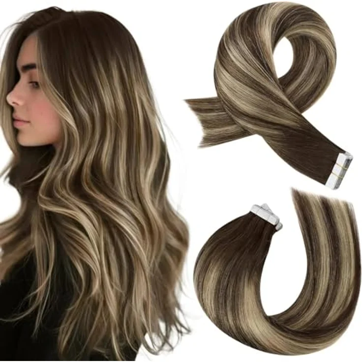Moresoo Echthaar Extensions Tape, Balayage Dunkelbraun mit Karamellblond, 50g, 60 cm, 20 Tressen, Remy Echthaar, Seamless Skin Weft – Bild 1