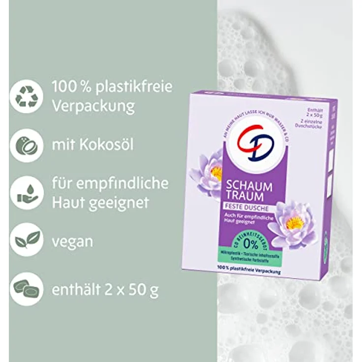 CD Feste Dusche 'Schaumtraum', 2 x 50 g, Duft nach Wasserlilie, mit Kokosöl, nachhaltiges Pflegeprodukt auch für empfindliche Haut, ohne Mikroplastik, vegan – Bild 5
