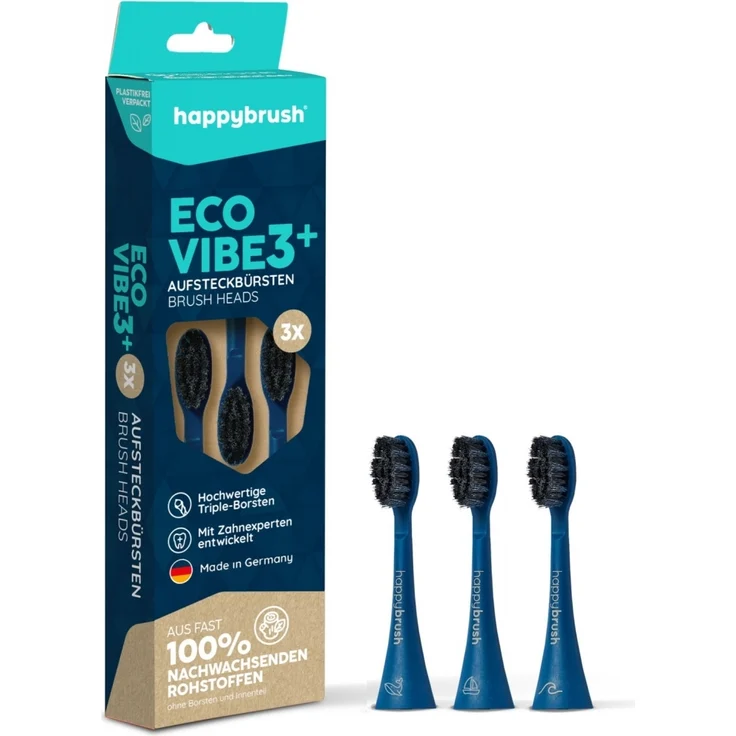 happybrush HAV3DEO ECO VIBE 3+ Aufsteckbürsten, hochwertige Aktivkohle-Borsten, Ocean, Made in Germany, vegan, aus 100% nachwachsenden Rohstoffen