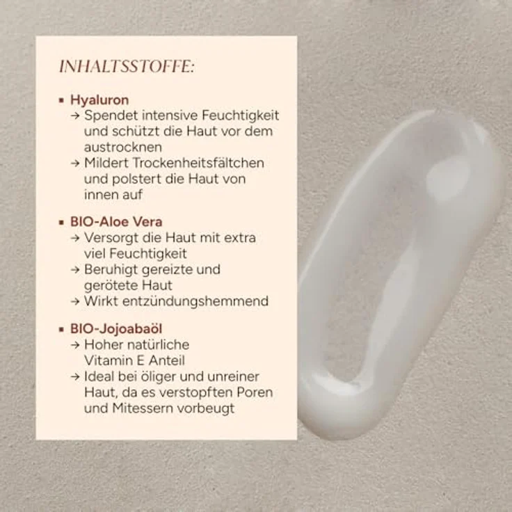 junglück Hyaluron Creme Hochdosiert, Leichte Anti Aging Feuchtigkeitscreme mit BIO Aloe Vera und Squalan, Tages- & Nachtcreme für intensive Feuchtigkeit – Bild 3