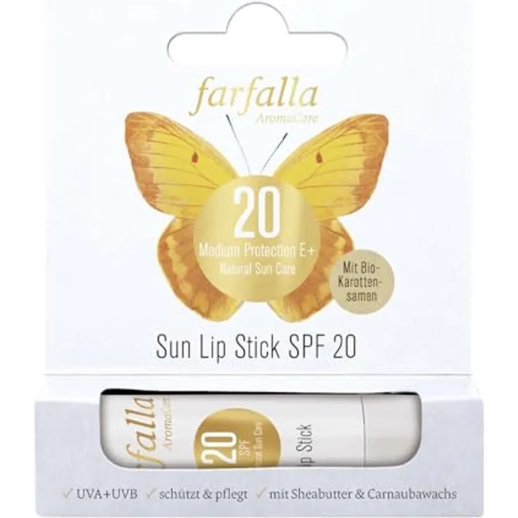 Farfalla Natural Sun Care E+ Sun Lip Stick, Medium Protection SPF20, 4,6g mit Sheabutter und Carnaubawachs