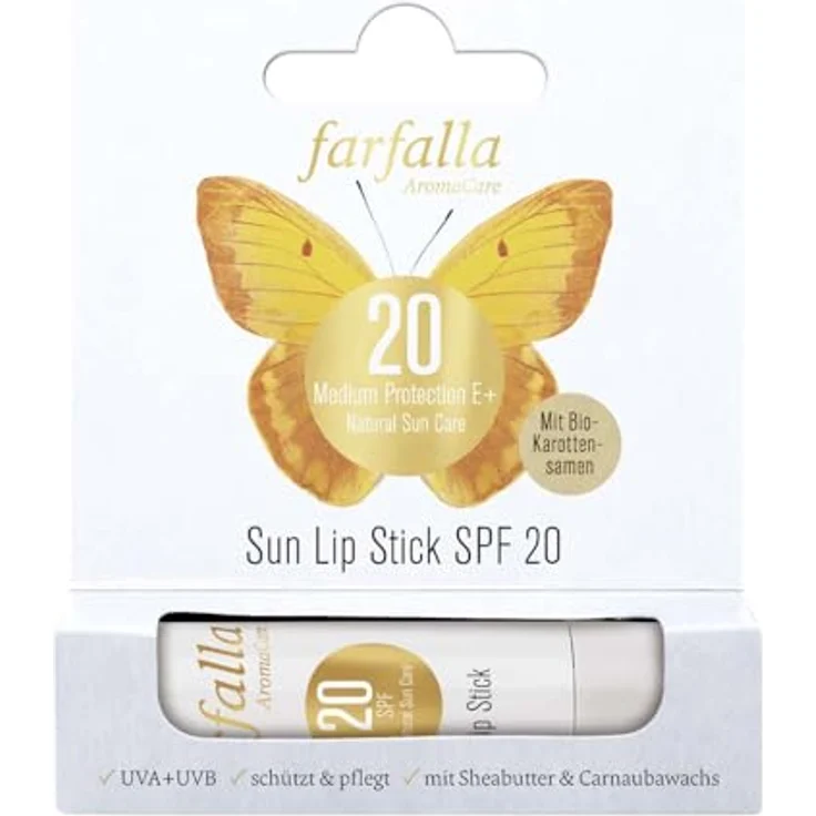 Farfalla Natural Sun Care E+ Sun Lip Stick, Medium Protection SPF20, 4,6g mit Sheabutter und Carnaubawachs