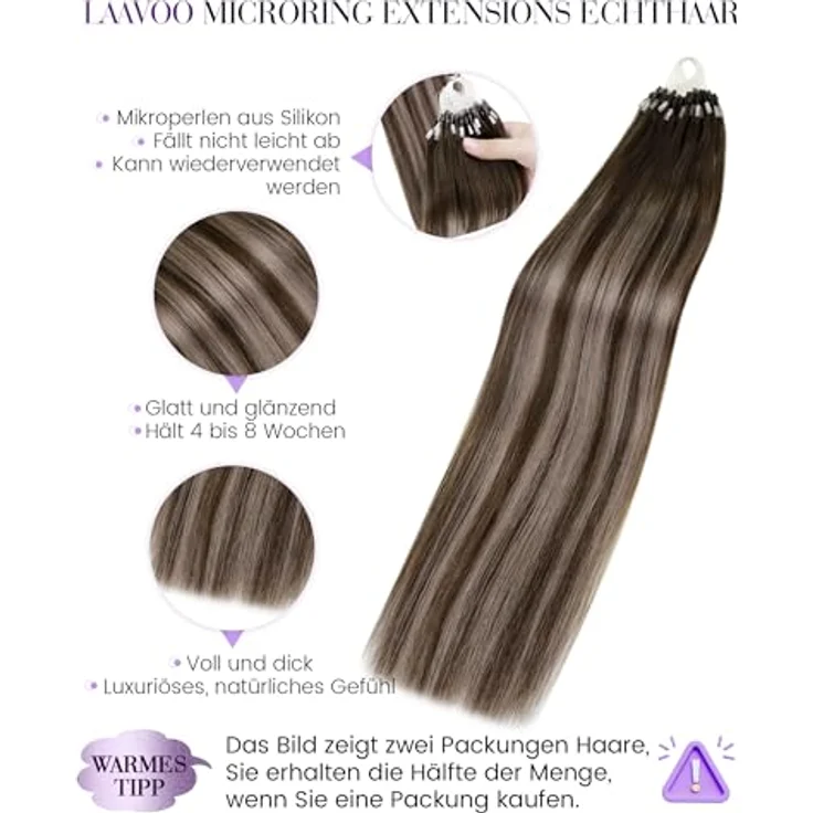 LaaVoo Microring Extensions Echthaar 45cm Remy Ombre Dunkelbraun Dunkel Aschblond, 50g #4/18/4, Kaltfusionsmethode, wiederverwendbar, hitzestyling-fähig – Bild 2