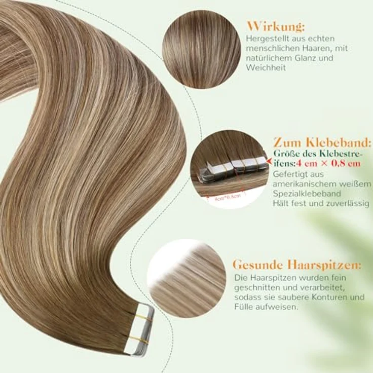 Easyouth Haarverlängerung, Echthaar Balayage in Hellbraun mit Blond, 35 cm, 40 g, 20 Stück, Remy-Echthaar, glatt, klebend – Bild 4