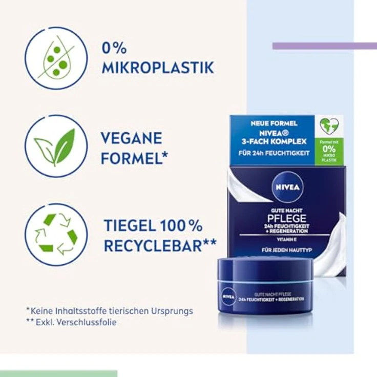 NIVEA Gute Nacht Pflege 24h Feuchtigkeit + Regeneration (50 ml), leichte Nachtpflege für intensive Feuchtigkeit, Nachtcreme mit Vitamin E, Provitamin B5 und Wasserlilienextrakt, Gesichtscreme mit veganer Formel, 0% Mikroplastik, recyclebarer Tiegel – Bild 5
