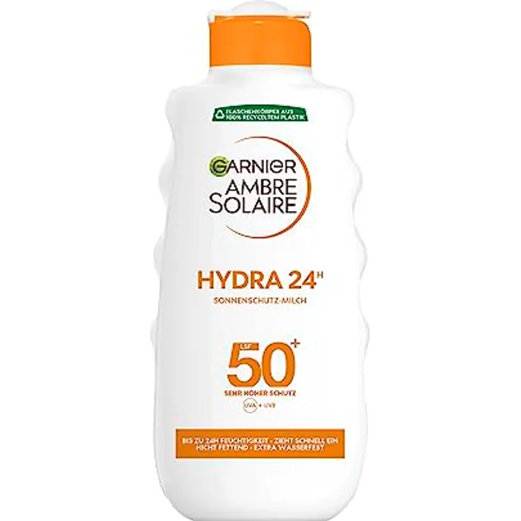 Garnier Ambre Solaire Hydra 24H Sonnenschutz-Milch LSF 50+, wasserfest, 200 ml, recyceltes Plastik, nicht fettend