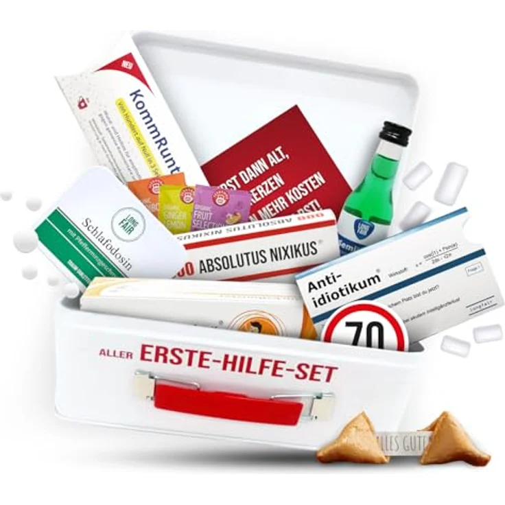 Longfair Erste Hilfe Set Geschenk-Box, witziger Sanikasten mit 8 spaßigen "Medikamenten" für den 70. Geburtstag – Bild 1