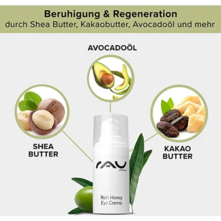 RAU Cosmetics Augencreme für sehr trockene Haut - Rich Honey Eye Cream 15 ml - Reichhaltige Anti Aging Augenpflege mit Shea Butter & Kakao Butter, Avocadoöl, Grüner Tee, Rosenwasser & Vitamin E – Bild 4