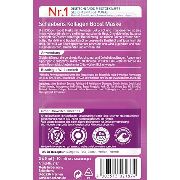 Schaebens Kollagen Boost Maske, Gesichtsmaske für anspruchsvolle Haut, 2x5 ml – Bild 2