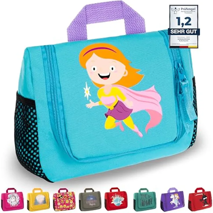 GRINSEZWERGE Kinder Kulturtasche, Reise Kulturbeutel zum Aufhängen mit großem Hauptfach, 3 Reißverschlusstaschen und 4 Netztaschen, robuster Metallhaken, inkl. Namensschild und abnehmbarem Spiegel