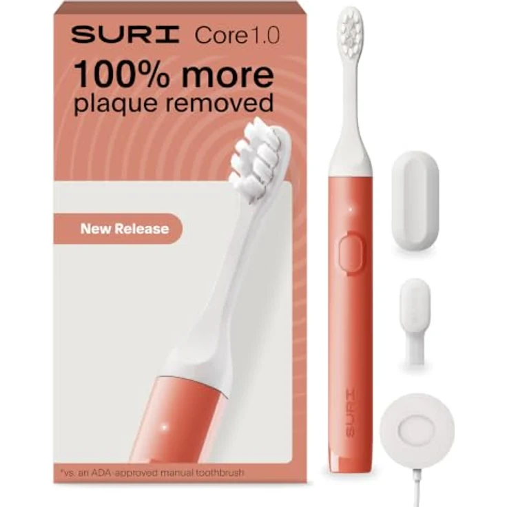 SURI Core Sonic Elektrische Zahnbürste, 4 Wochen Akku, Drucksensor, 2-Minuten-Timer, pflanzliche Köpfe, Orange – Bild 1
