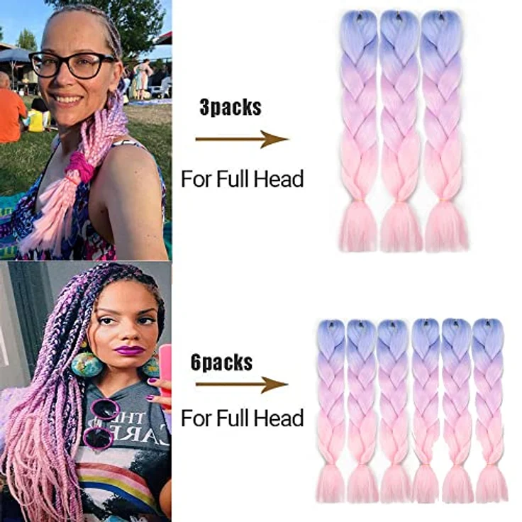 Shangxiu 3 Packs Kunsthaar zum Einflechten, Jumbo Braids Extension 24", Ombre Synthetisches Flechthaar in Blau/Hellviolett/Rosa – Bild 4
