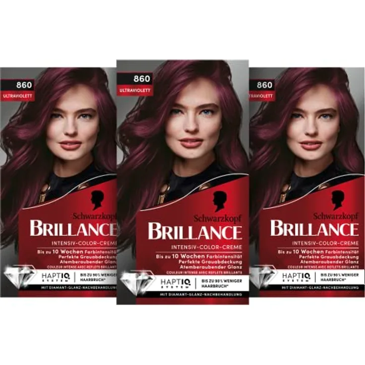 Brilliance Intensiv-Color-Creme 860 Ultraviolett Stufe 3 (3 x 160 ml), dauerhafte Haarfarbe mit Diamant-Glanz-Effekt & Pflege-Conditioner, 10 Wochen Farbintensität