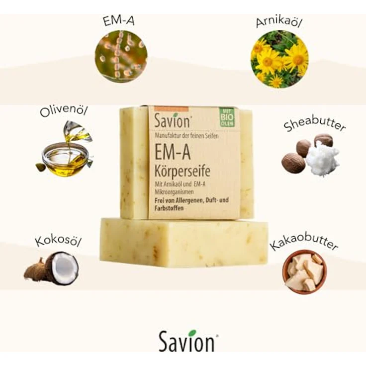 Savion EM-A Körperseife, mit effektiven Mikroorganismen, für Allergiker, ohne Duftstoffe, Vegan & Palmölfrei, Tierversuchsfrei, 80g Ideal bei Juckreiz und Hautreizungen. Made in Germany – Bild 3