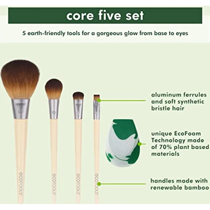 EcoTools Core Five Make-up-Pinsel- und Schwamm-Set, für Lidschatten, Rouge, Bronzer, Eyeliner und Foundation, Make-up Blending Schwamm, Pinsel Essentials, 5-teiliges Set – Bild 3