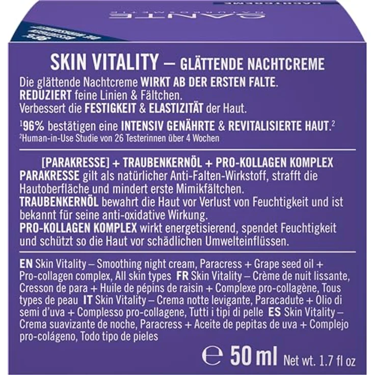 SANTE Naturkosmetik Face Skin Vitality Nachtcreme, regenerierende Anti-Falten Pflege mit Parakresse, Traubenkernöl & Pro-Kollagen, 50ml – Bild 4