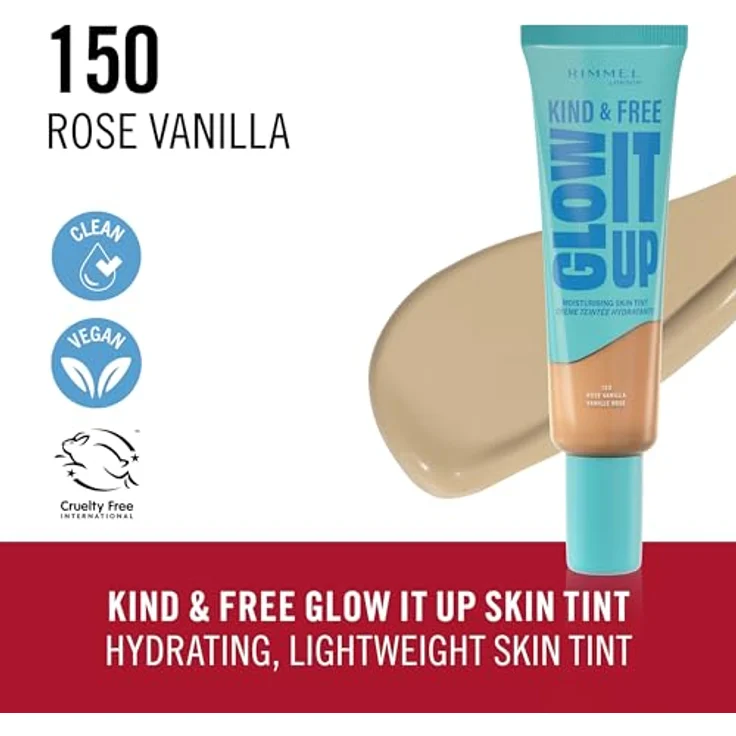 Rimmel London Kind & Free Glow It Up, feuchtigkeitsspendende Hauttönung für Damen, 150 Rose Vanille, leichte Deckkraft, 30 ml – Bild 2