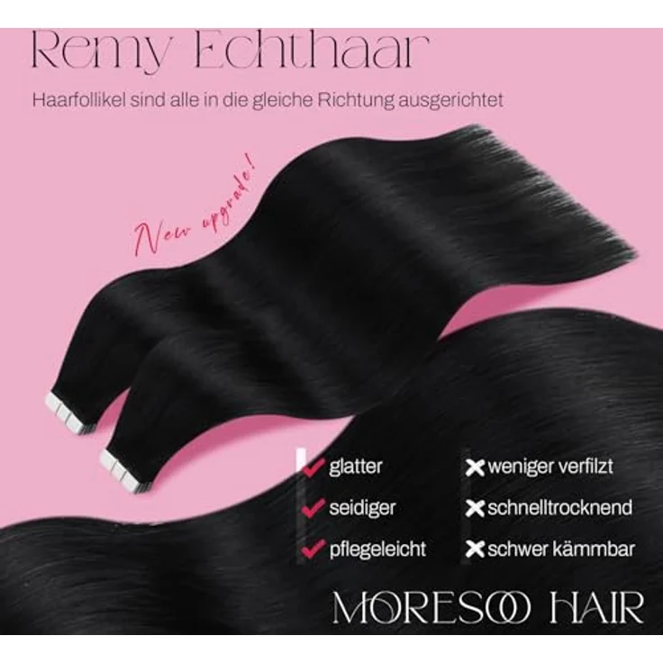 Moresoo Tape in Extensions Echthaar 45 cm, Seidig Glatt, Remy Haarverlängerung, Schwarz, 20 Stück/50g Doppelseitig Unsichtbar für Natürlichen Look – Bild 2