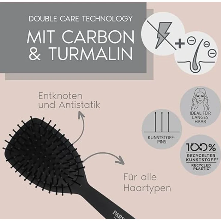 PARSA BEAUTY Professional Wirkstoffbürste Carbon + Turmalin, Paddlebürste klein für perfektes Glätten ohne fliegende Haare, entwirrbürste mit karbonisierten Nylonstiften – Bild 2
