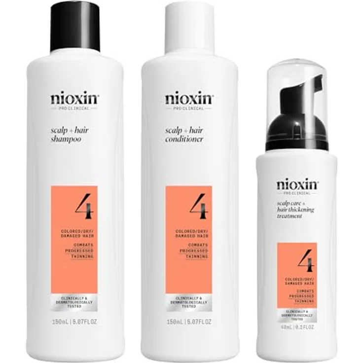 NIOXIN Scalp + Hair Thickening System 4 Triphasisches Kit - Coloriertes/trockenes Haar mit fortschrittlicher Ausdünnung - Shampoo, Conditioner, Behandlung für die Haut (150 + 150 + 40 ml) - BIOTINREICH