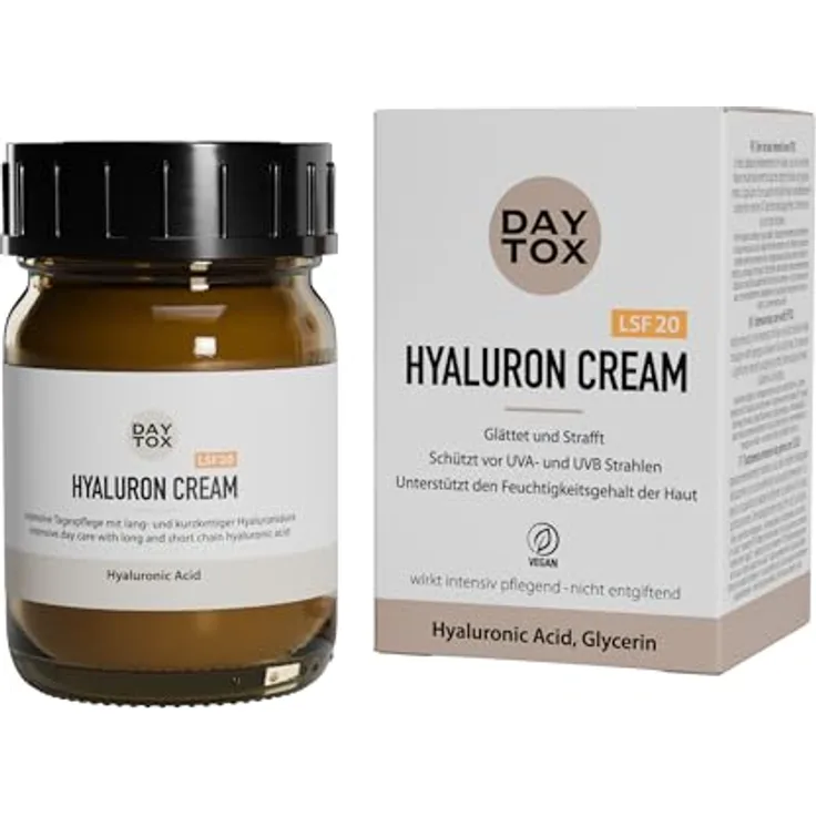 DAYTOX Hyaluron Cream, Gesichtscreme mit LSF 20 & Hyaluron Säure, vegan, ohne Silikone, 50 ml, Made in Germany