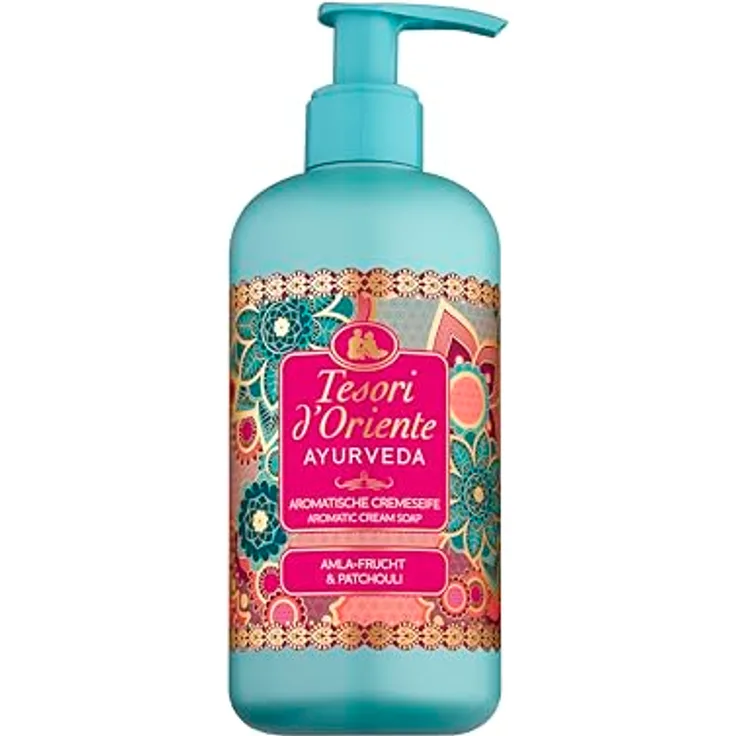 TESORI D’ORIENTE Flüssigseife Ayurveda 300ml, mit Amla-Fruchtextrakt, Sesam-Öl, Aloe vera und Calendula, ayurvedisches Wellness-Ritual, holziger Duft - Orange, Zitrone, Patchouli, Zedernholz