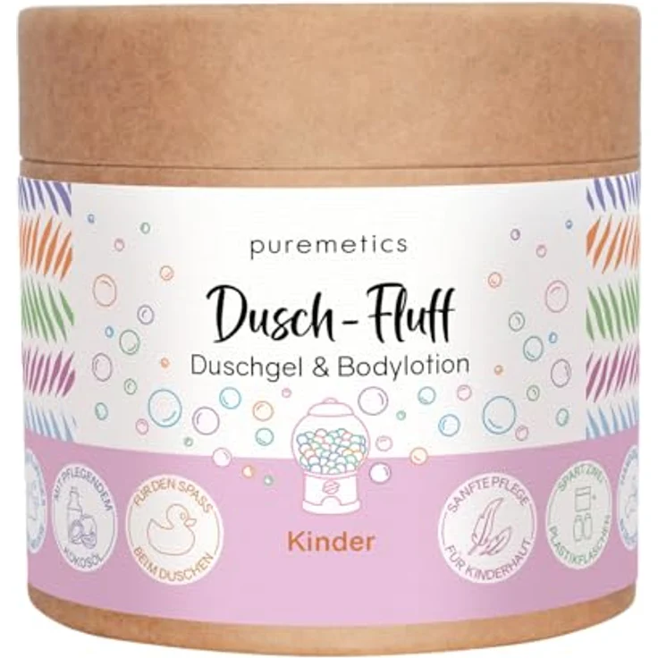 puremetics 3in1 Dusch-Fluff für Kinder, veganes Duschgel und Seife mit fruchtigem Kaugummi-Duft, 200 g – Bild 1