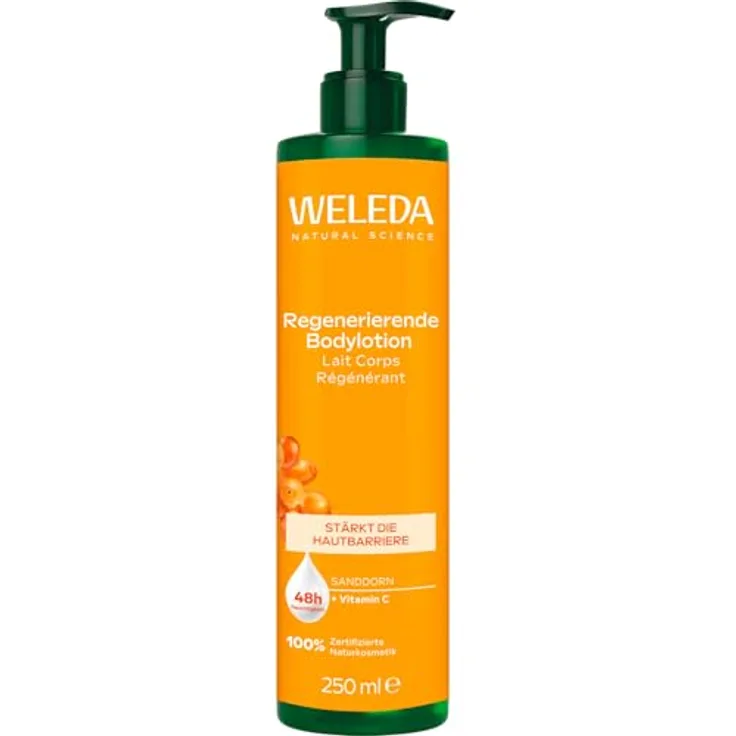 Weleda Bio Regenerierende Bodylotion Sanddorn, Naturkosmetik mit Arganöl & Sesamöl, stärkt die Hautbarriere, 250ml, vegan
