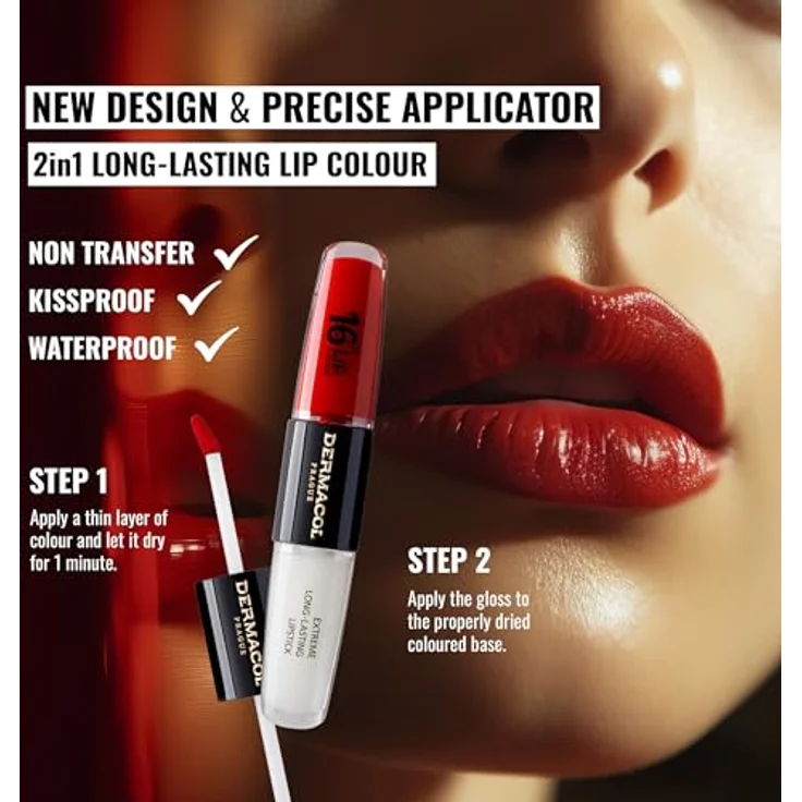 Dermacol 16H Lip Colour, langlebiger, glänzender Lippenstift in Revenge Red, 2x4 ml mit hoher Pigmentierung und feuchtigkeitsspendender Formel – Bild 2