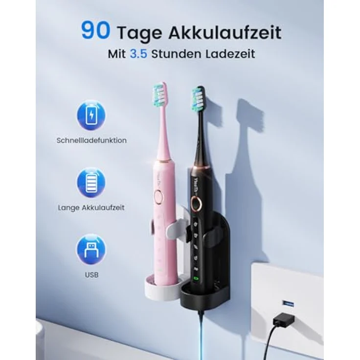 YTEATH PRO Elektrische Zahnbürste, Schallzahnbürste für Erwachsene und Kinder mit 8 Bürstenköpfen, 5 Modi, 90 Tagen Akkulaufzeit und Reiseetui – Bild 2