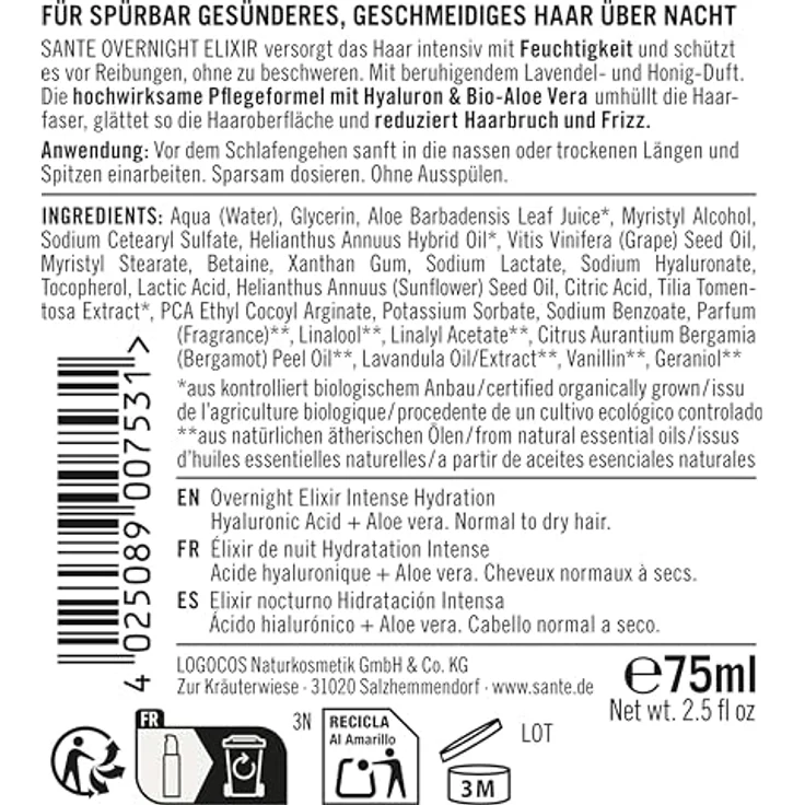 SANTE Naturkosmetik Overnight Elixir Intense Hydration - 75 ml - Mit Hyaluron & Bio-Aloe Vera - Leave-In-Pflege für trockenes Haar - Vegan & NaTrue-zertifiziert – Bild 2
