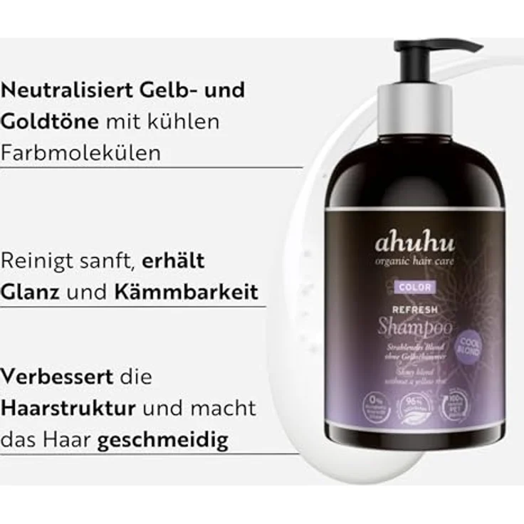 ahuhu COLOR REFRESH Shampoo Cool Blond, 500ml Silbershampoo gegen Gelbstich für blondes & graues Haar, vegan & silikonfrei, intensive Feuchtigkeit – Bild 1